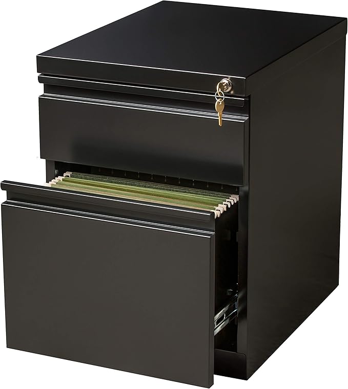 20 Inch Deep Metal Mobile Pedestal File 2 Drawer Box-File with Full Width Pull, for Home and Office, Holds Letter Width Hanging Folders, Black