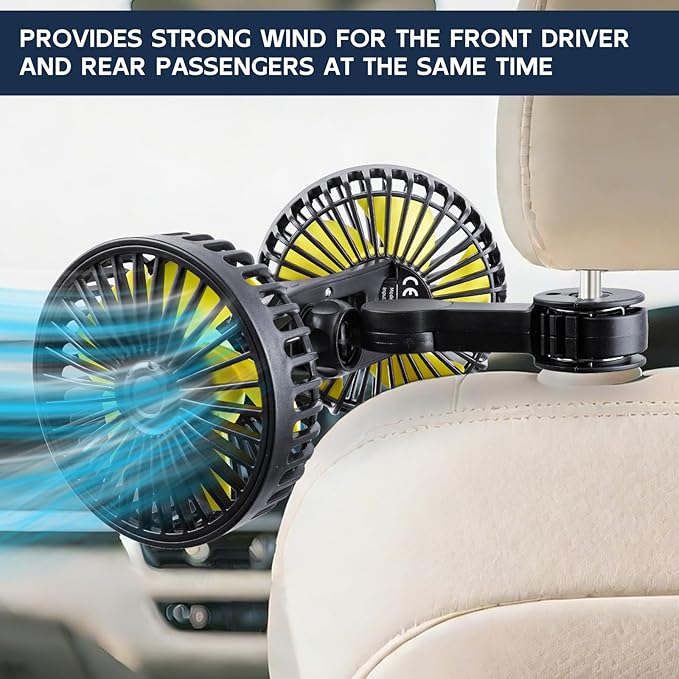 XOOL Car Fans for Backseat Kids- Dual Head USB Cooling Car Fan, 360° Rotatable Car Rear Headrest Fan, Car Seat Fan with Adjustable Clip for SUV RV Vehicles Truck