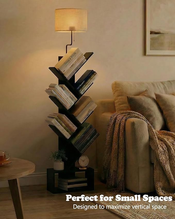 XBurmo 6 Tier Tree Bookshelf with Lights - Small Bookshelf Decor, Corner Bookshelf with Lamps, Living Room Storage, Tall Narrow DVD & CD Shelf, Comic Bookcases Standing for Bedroom or Office, Black