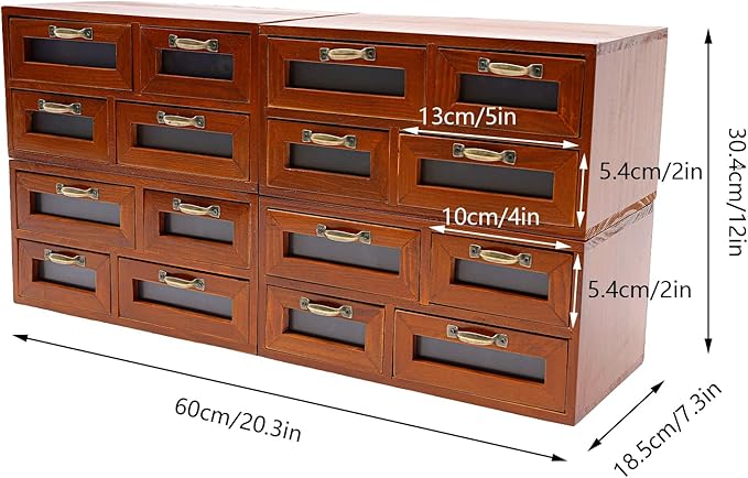 4PCs 16 Drawer Wooden Desk Top Organizer Cabinet, Desktop Drawer Storage Box, Vintage Wooden Storage Box, Tabletop Multi Storage Organizer, Use for Home & Office (Brown)
