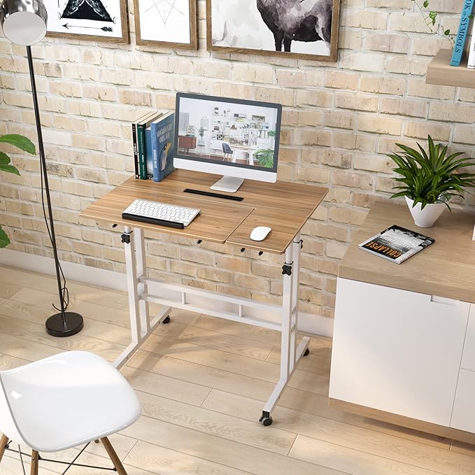 sogesfurniture Mobile Standing Desk, Portable Stand Up Desk, Small Adjustable Standing Desk Converter with Wheels Home Office Workstation, Rolling Desk Laptop Cart for Standing or Sitting, Oak