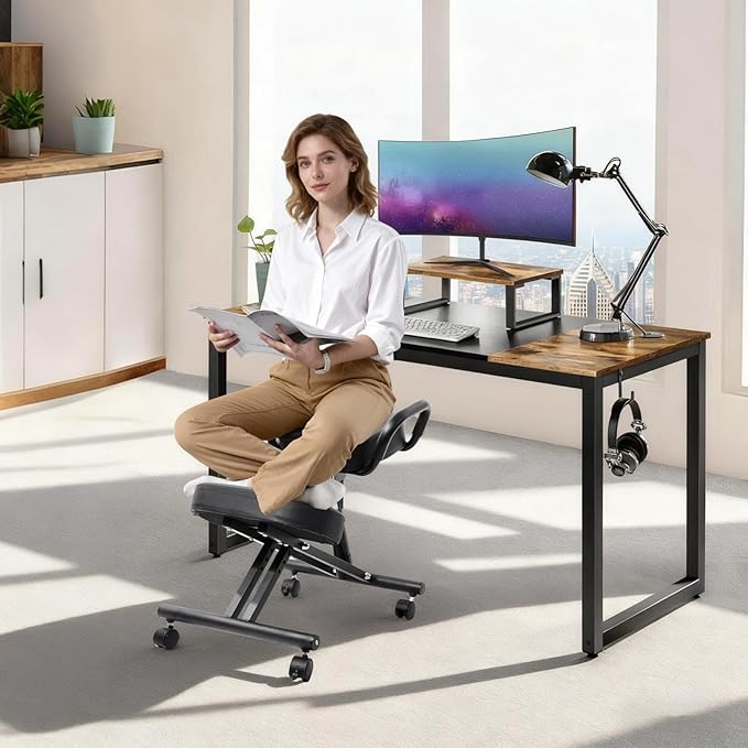 Ergonomic Kneeling Chair, Kneeling Chair with Locking Wheels, Adjustable Height Kneeling Support Chairs, PU Computer Kneel Chairs for Living Room