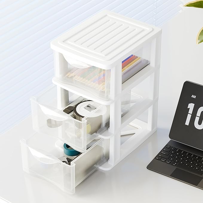 Small 3 Drawer Desktop Organizer, 2 Pack White Plastic Stroage, Desktop Organization for Small Tools for Home, Office for Sewing,Cosmetic,Makeup,Art Craft Supplies White Frame in Home,Office