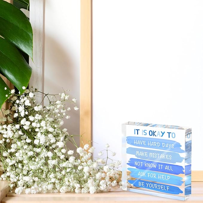 Mental Health “It Is Okay To...” Desk Sign - 4x4 Inch Blue Acrylic Affirmation Decor for Women, Therapy Office Decor, Self-Compassion Gifts, Anxiety Relief & Positive Workspace Accessories