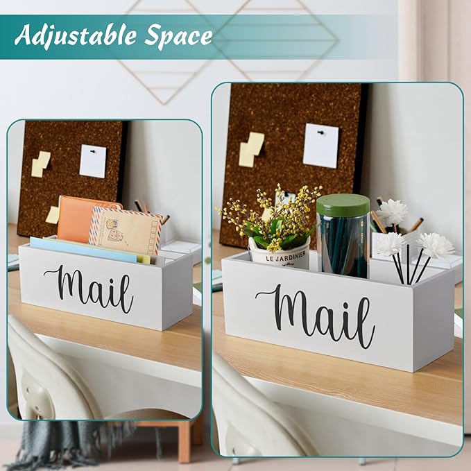 DRASTAR Mail Organizer, Mail Holder with 2 Slots, White Mail Basket for Wall Mount, Wooden Desk Mail Organizer, Envelope Holder for Home Office Decor