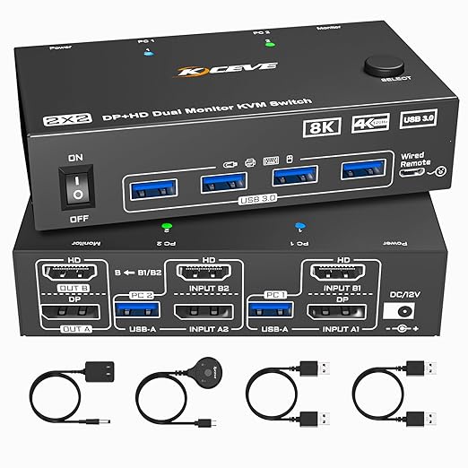 KVM Switch 2 Monitors 2 Computers 4K@144Hz 8K@60Hz, HDMI Displayport Dual Monitor KVM Switch for 2 PC Share 2 Monitors Keyboard Mouse Printer, Wired Remote,Power Adapter and USB Cable Included