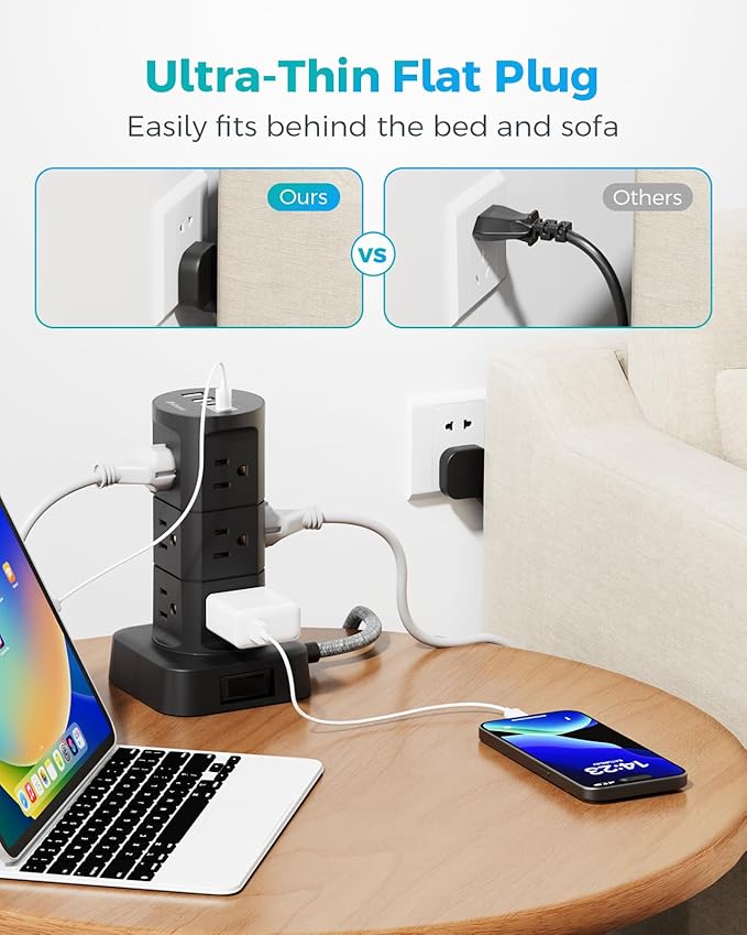 Charging Station Tower, Power Strips with Surge Protection, Flat Plug, 12 Outlets 4 USB Ports, 1875W/15A 1080J 6Ft Extension Cord with Multiple Outlets, Office Desk Supplies, Dorm Essentials, Black