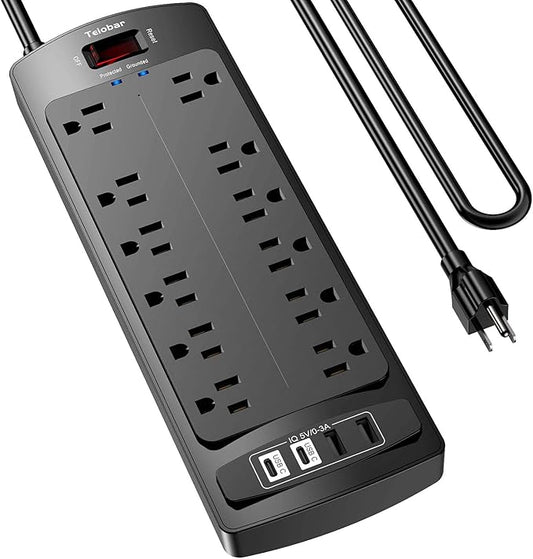 6 Ft Extension Cord Power Strip, Teiobar Surge Protector with 12 AC Outlets and 4 USB Ports for Home, Office, Dorm Essentials, 1875W/15A, 2700 Joules, ETL Listed, Black
