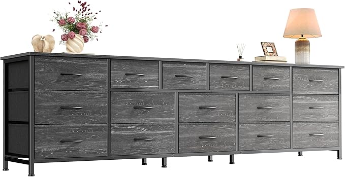 Huuger 77.6" Long Dresser for Bedroom, 16 Drawer Fabric Dresser for Closet, Wide Chest of Drawers with Storage, TV Stand for 65, 75, 85 Inch TV, 77.6" W x 12.9" D x 26.7" H, Charcoal Black