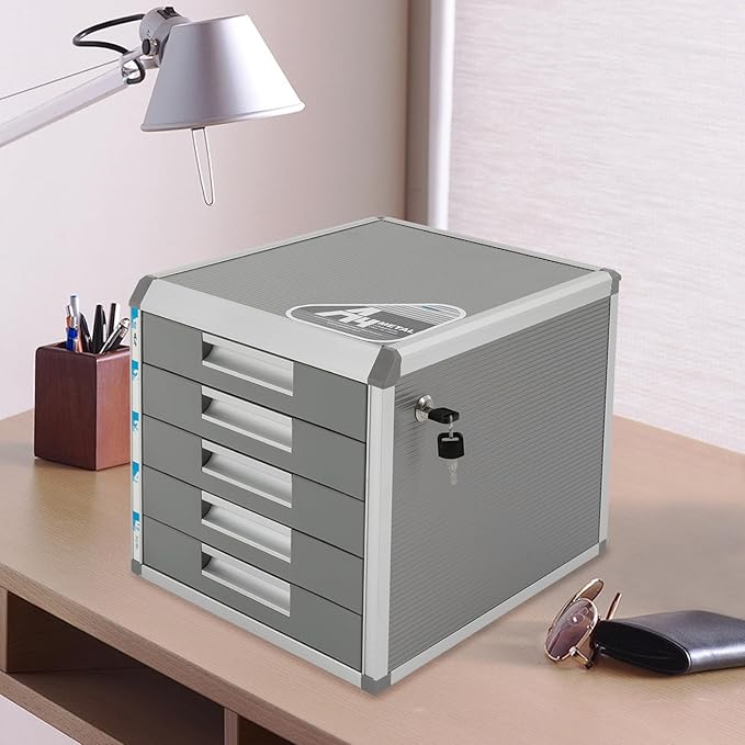Desktop Drawer Organizer Lockable File Cabinet with Drawers Unit Office Desk Storage Organzier for Documents Papers Mail Notebooks Stationery (5-layer)