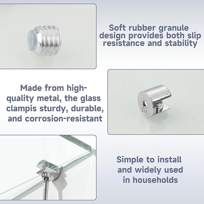 Mooche 4Pcs Glass Shelf Brackets, Heavy Duty Wall Mount Adjustable Zinc Alloy Clamp Holder for Wood Shelves, Polished Chrome (for 10-12mm Glass)