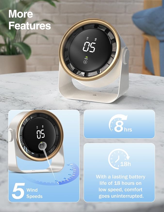 Small Desk Fan, Ultra-Quiet Desktop Air Circulator, Touch Screen Control, Multi-Speed Desktop Fan with LED Light, Quiet Table Fan for Bedroom, USB Rechargeable Small Fan for Desk (White)