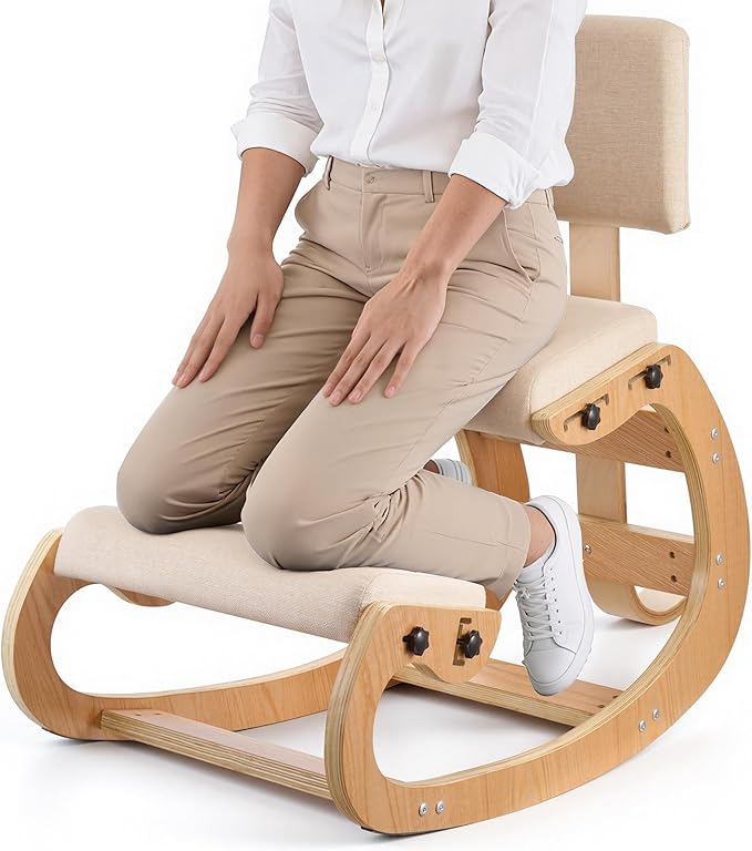 VEVOR Ergonomic Kneeling Chair, Wooden Posture Knee Chair with Adjustable Thick Foam Cushions, Backrest and Wood Frame, Adjustable Height, Relief for Neck or Back Pain for Home, Office or Meditation