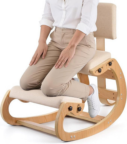 VEVOR Ergonomic Kneeling Chair, Wooden Posture Knee Chair with Adjustable Thick Foam Cushions, Backrest and Wood Frame, Adjustable Height, Relief for Neck or Back Pain for Home, Office or Meditation