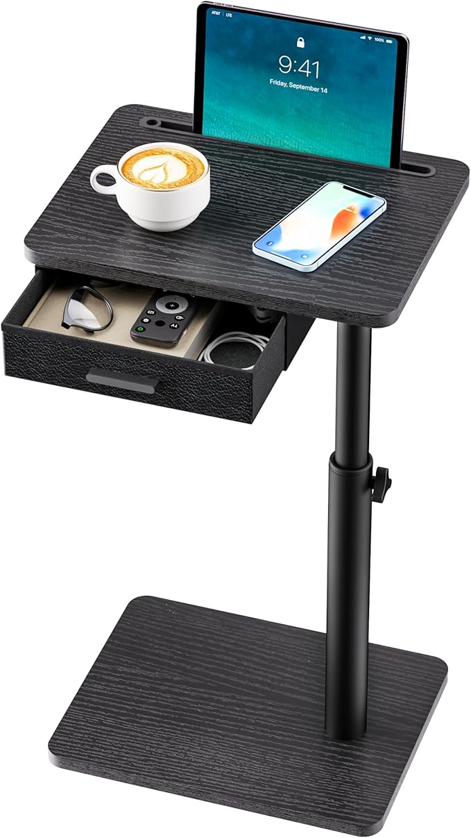 TV Tray with Drawer & Device Slot, Swivel Height Adjustable bedside table, Sofa Side Table for Eating, C Shaped Couch Table for Living Room & Bedroom, Portable Snack End Table for Couch & Bed, Black