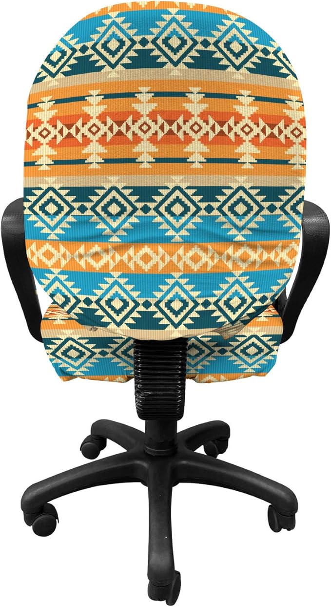 Ambesonne Southwestern Office Chair Slipcover, Striped Backdrop with Geometric Tribal Motifs Native Mexican Cultural Heritage, Protective Stretch Decorative Fabric Cover, Cream Orange Blue