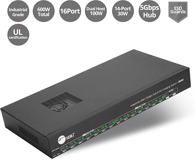 SIIG 16-Port Industrial 600W USB-C PD Charging Station Hub - 5Gbps Transfer Speeds, 30W 14-Port, 100W 2-Port, Metal, Surface Mountable Housing, Auto Fan Control, ESD Protection (ID-US0B11-S3)