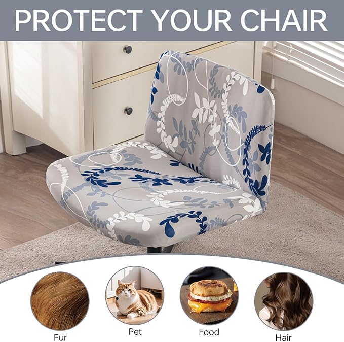Armless Chair Slipcover Stretch Criss Cross Chair Cover, Mid Back Wide Seat Accent Chair Covers,Modern Vanity Chair Cover for Office Desk (Blue White Leaves)