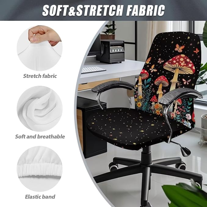 Talayituse Mushroom Butterfly Flower Print Office Chair Covers Stretch Computer Chair Slipcover Removable Boss Chair Seat Cushion Protectors for Armrest Chair Universal Rotating Chair, L