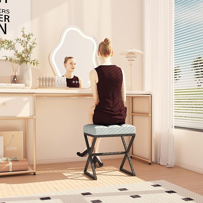 YMYNY Vanity Stool, Linen Footrest Stool, Ottoman Bench with X-Shaped Metal Legs, Makeup Dressing Stool for Vanity, Living Room, Bedroom, Entryway, Hallways 15.74"D×11.81"W×18.11"H Blue Gray UHBD033L