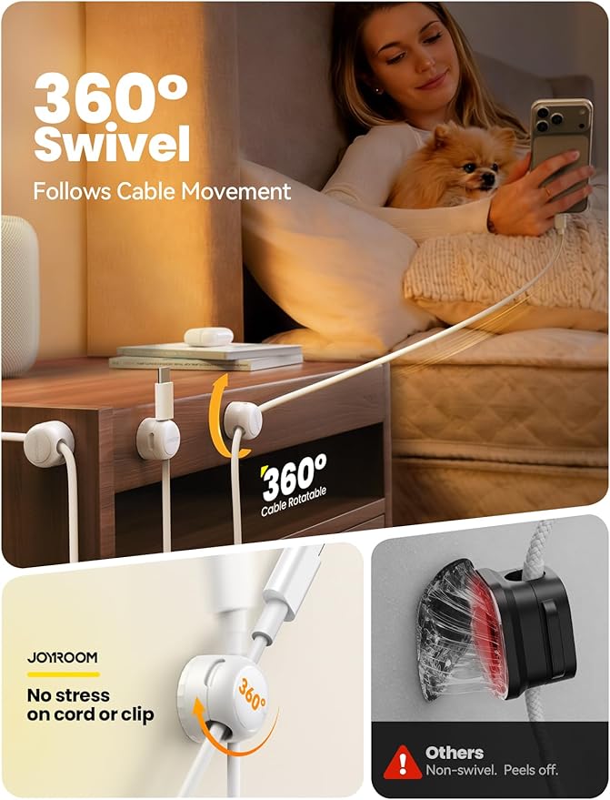 8-Pack JOYROOM Magnetic Cable Clips Organizer [Cord 360° Rotatable] Wire Keeper Holder with Strong Adhesive, Nightstand Desk Cable Management Phone Charger Holder for Car Wall Home Office Accessories