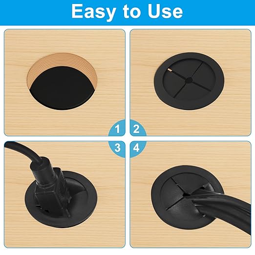 4 Pcs 1-3/4 Inch (45mm) Cable Grommet, Flexible Rubber Wire Hole Cover Pass Through for Office Computer Desk, Cabinet & Furniture Wire Organizer, Black