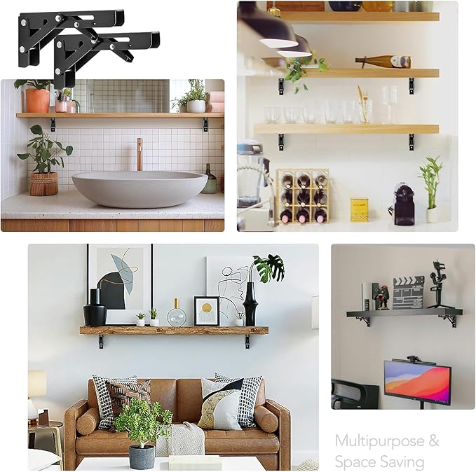 JOY DECOR 8 Inch Heavy Duty Folding Shelf Brackets, 4 Pack (2 Pairs) Collapsible Wall Mounted Brackets for Fold Down Table, Stainless Steel Folding Table Hinge, Matte Black