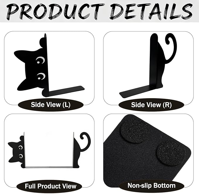 Peekaboo Cat Bookends for Shelves, Cute Black Metal Decorative Book Ends, Heavy Duty Rustproof Book Stoppers for Home Office & Study Desk, Ideal Gift for Cat Lovers & Book Lovers