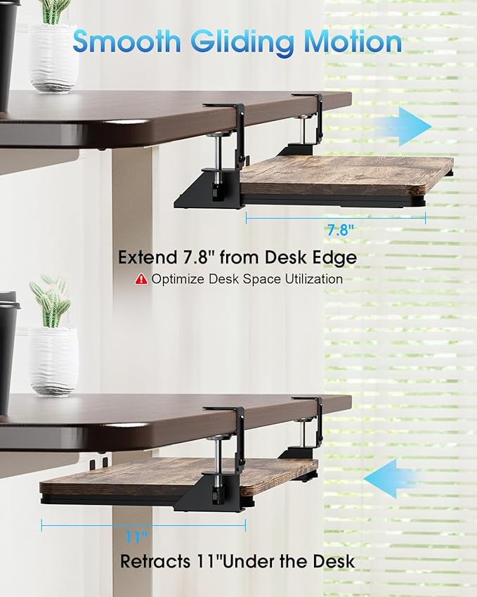 Small Keyboard Tray Under Desk, Pull Out Keyboard & Mouse Tray with Adjustable C-clamp, 20(25.9 Including Clamps) x 11.8 Inch Slide Out Computer Keyboard Drawer Mouse Tray for Typing, Brown