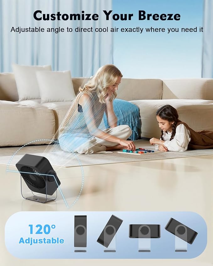 Small Desk Fan Quiet: Rechargeable 5000mAh Battery Powered, 199 Speeds Strong Wind, 120° Tilt Adjustable, 6.6" Portable Desktop Fan for Bedside Sleeping Camping Home Office Travel, Black