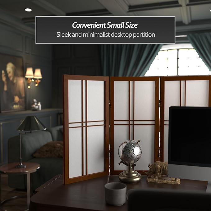 2 ft. Short Desktop Double Cross Shoji Screen - Walnut - 6 Panels