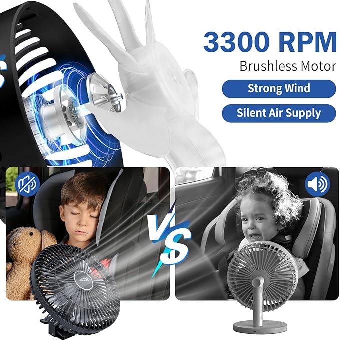XOOL Clip Car Fan, 9 Inches 12V/24V Fan, 360° Rotatable Electric Cooling Clip on Fan with Stepless Speed Regulation for SUV, RV, Truck