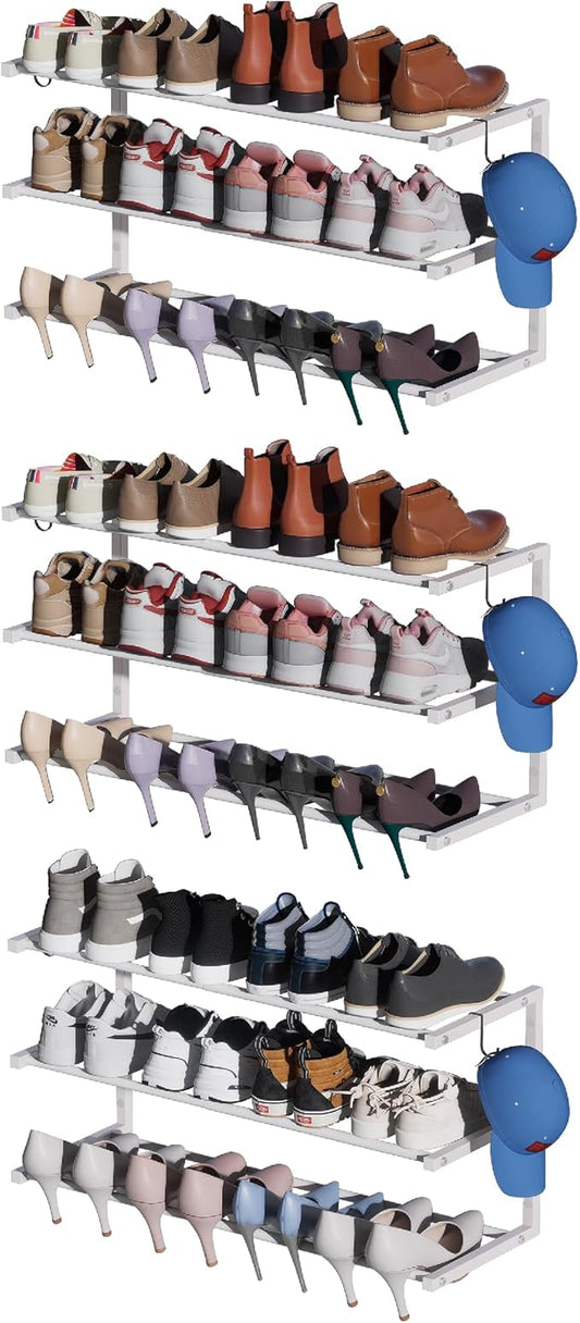 3 Pack Wall Mounted Shoe Rack, 3 Tier Hanging Shoe Rack Holds 36 Pairs, 17"-30"Adjustable Heavy Duty Metal Shoe Organizer Holder with 6 Storage Hooks, Space Saving for Closet Entryway Doorway（White)