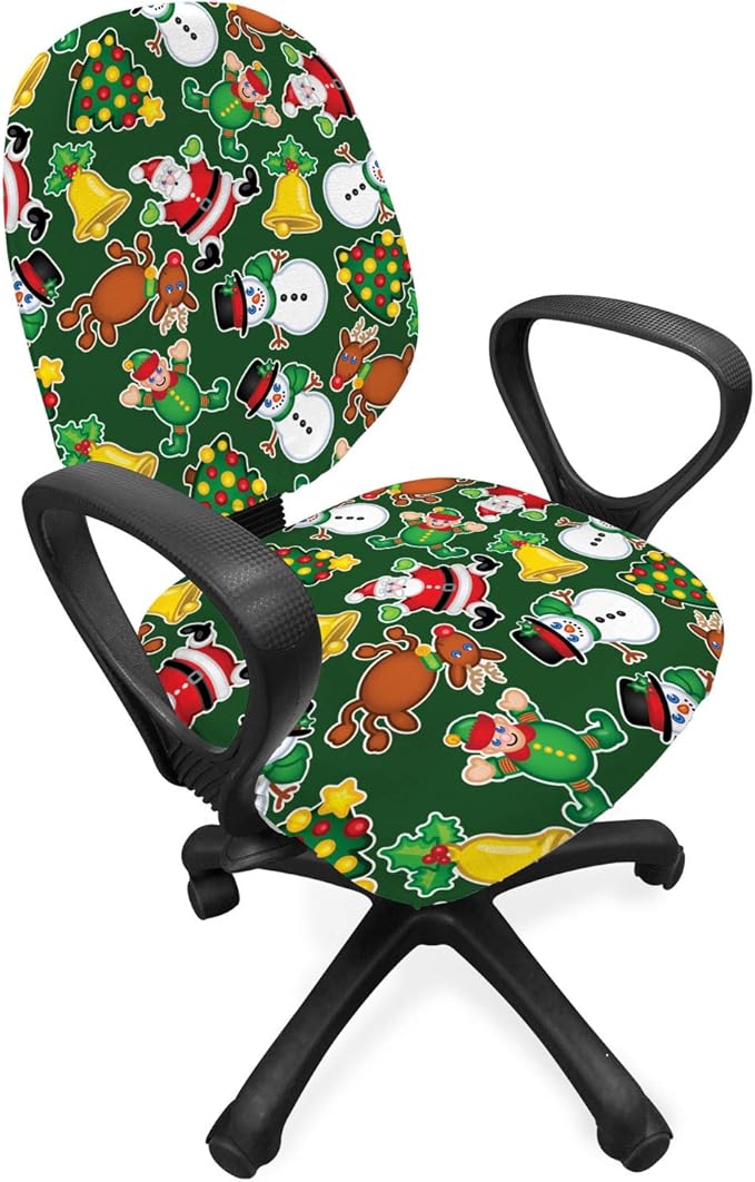 Ambesonne Christmas Office Chair Slipcover, Vivid of Joyous Holiday Celebration Jumping Dancing Cheery Cartoon for Yule, Protective Stretch Decorative Fabric Cover, Standard Size, Green Red