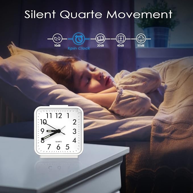AMIR Analog Silent Non Ticking Small Clock, Travel with Snooze & Light, Ascending Beep Sounds, Battery Operated Loud Alarm Clock for Bedroom (White)