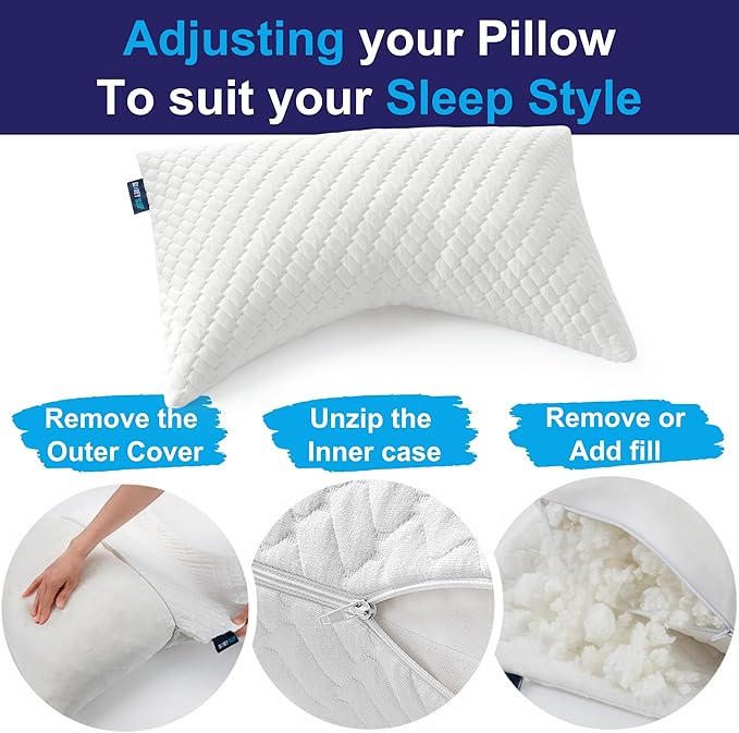Sidney Sleep Adjustable Curved Pillows for Neck and Shoulder Support with Extra Shredded Fill - Cervical Contour Pillow for Side and Back Sleepers - Queen Size 19" x 29" CertiPUR-US Certified (White)