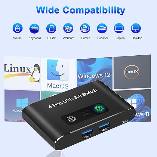 USB Switch, USB Switcher 2 Computers, USB 3.0 Switch Sharing 4 USB Devices KVM Switcher Box for PC, Printer, Scanner, Mouse, Keyboard with 2 Pack USB Cable, Compatible with Mac/Windows/Linux