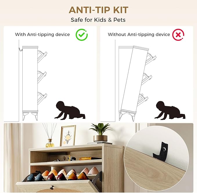 LUCKLIFE Shoe Cabinet with Charging Station, Flip Down Shoe Storage Organizer with Adjustable Shelves, Hidden Slim Shoe Rack with Anti-Tip Kit for Entryway or Hallway, Light Wood - 2 Pack