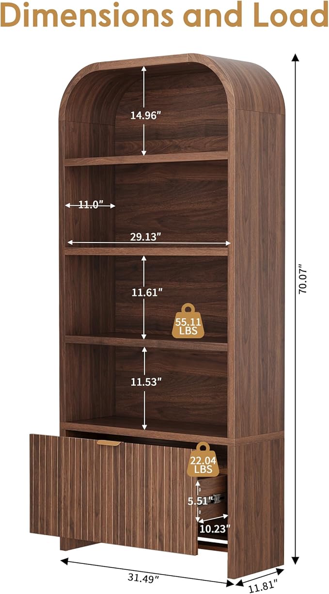 LEVNARY Arched Bookcase with Drawer, 70" Tall 5-Tier Bookshelf with Fluted Carved Drawer, Freestanding Display Storage Cabinet for Living Room Bedroom Home Office (Walnut)