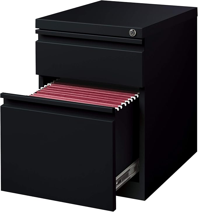20 Inch Deep Metal Mobile Pedestal File 2 Drawer Box-File with Full Width Pull, for Home and Office, Holds Letter Width Hanging Folders, Black