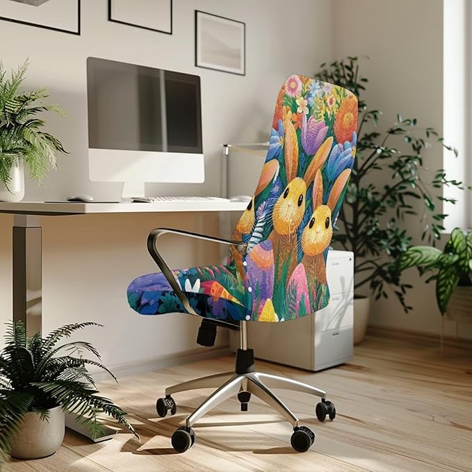 Talayituse Bunny Rabbit Tulip Daisy Print Office Chair Covers, Stretch Computer Chair Cover, Universal Boss Chairs Covers Modern Simplism Style High Back Chairs Slipcover Easter Decor, Large