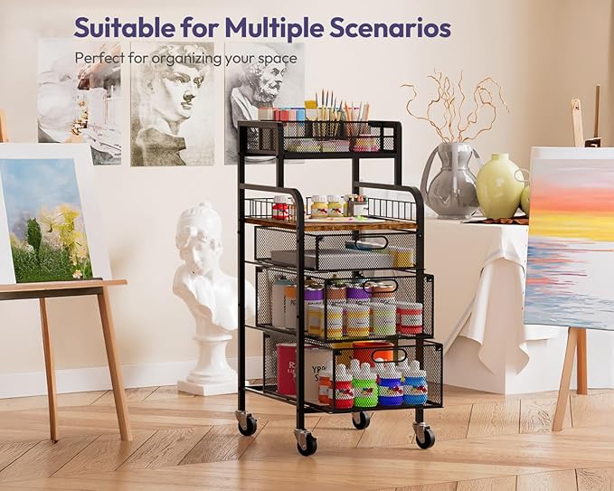 SWTYMIKI Office Rolling Cart with 3 Drawers - Metal Utility Cart with Wood Shelf, DIY Divider and Locking Wheels, Craft & Art Cart Organizer for Under Desk Storage for Home Office Studio, Espresso