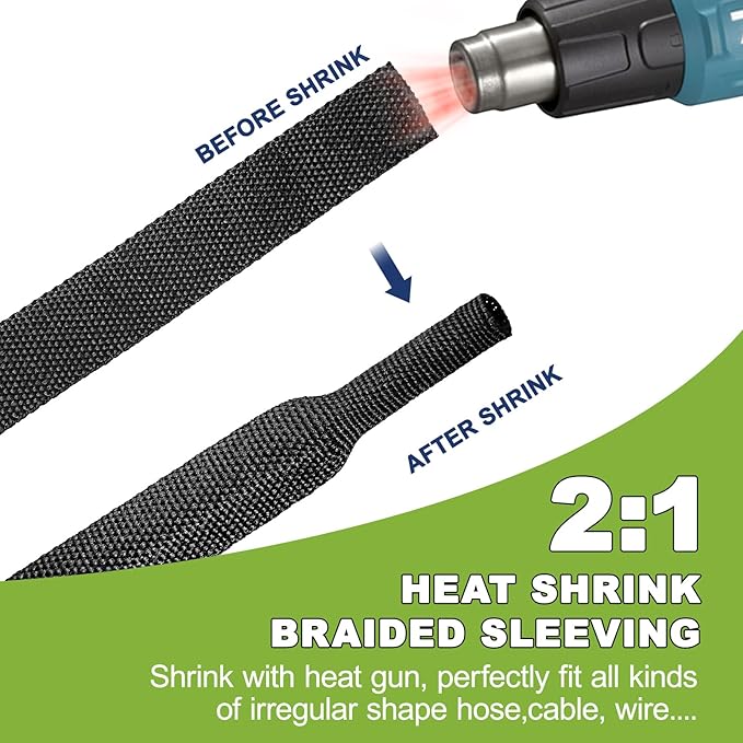 2:1Heat Shrink Wire Loom Braided Cable Sleeves,Heat Resistant Fabric Woven Shrink Tubing Wiring Harness for Protection Automotive,Harness Cable,Cable Management (5/8"-16ft)