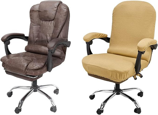 NeColorLife Stretchable Office Chair Cover with Armrest Covers - Thick Checked Jacquard High Back Desk Chair Slipcover for Rotating Chairs (Large Size, Camel)