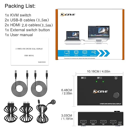 Dual Monitor KVM Switch HDMI 2 Port 4K@60Hz,MLEEDA USB HDMI Extended Display Switcher for 2 Computers Share 2 Monitors and 4 USB 2.0 Hub,Desktop Controller and USB HDMI Cables Included
