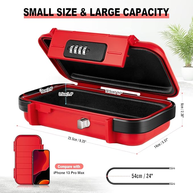 HUANLANG Portable Safe Lock Box with Combination Lock Mini Beach Travel Safe Waterproof Small Lockable Box with Removable Wire Rope Combination Safe Box for Dorm,Travel,Beach,Hotel,Car,Home,Office