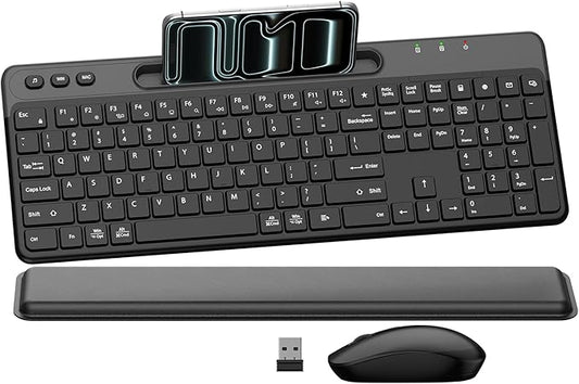 Ergonomic Wireless Keyboard and Mouse Combo, Full Size Silent Ergonomic Keyboard with Cloud Soft Palm Rest, Phone Holder, 3 DPI Adjustable Mouse, 2.4G Lag-Free Quiet for Mac, Windows, PC, Laptop