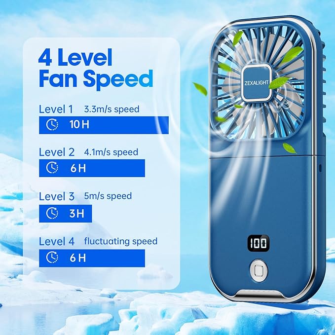 USB Rechargeable Upgraded 5-in-1 Portable Handheld Fan, Necklace Fan, Desk Fan, Foldable Phone Stand, 4 Speeds Airflow, Quiet Personal Fans with LED Digital Screen (Blue)