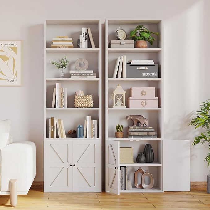 71.5" Bookshelf Set of 2, 6-Tier Bookcase with Cabinet Doors, Tall Display Shelves with Storage for Home Office, Living Room
