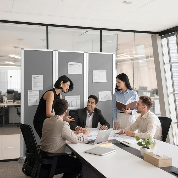 MAKELLO Portable Office Partitions 71" H x 71" W, Freestanding Office Dividers Partition Wall for Room, 3-Panel Trifold Privacy Panel, Aluminum Frame, Gray Felt